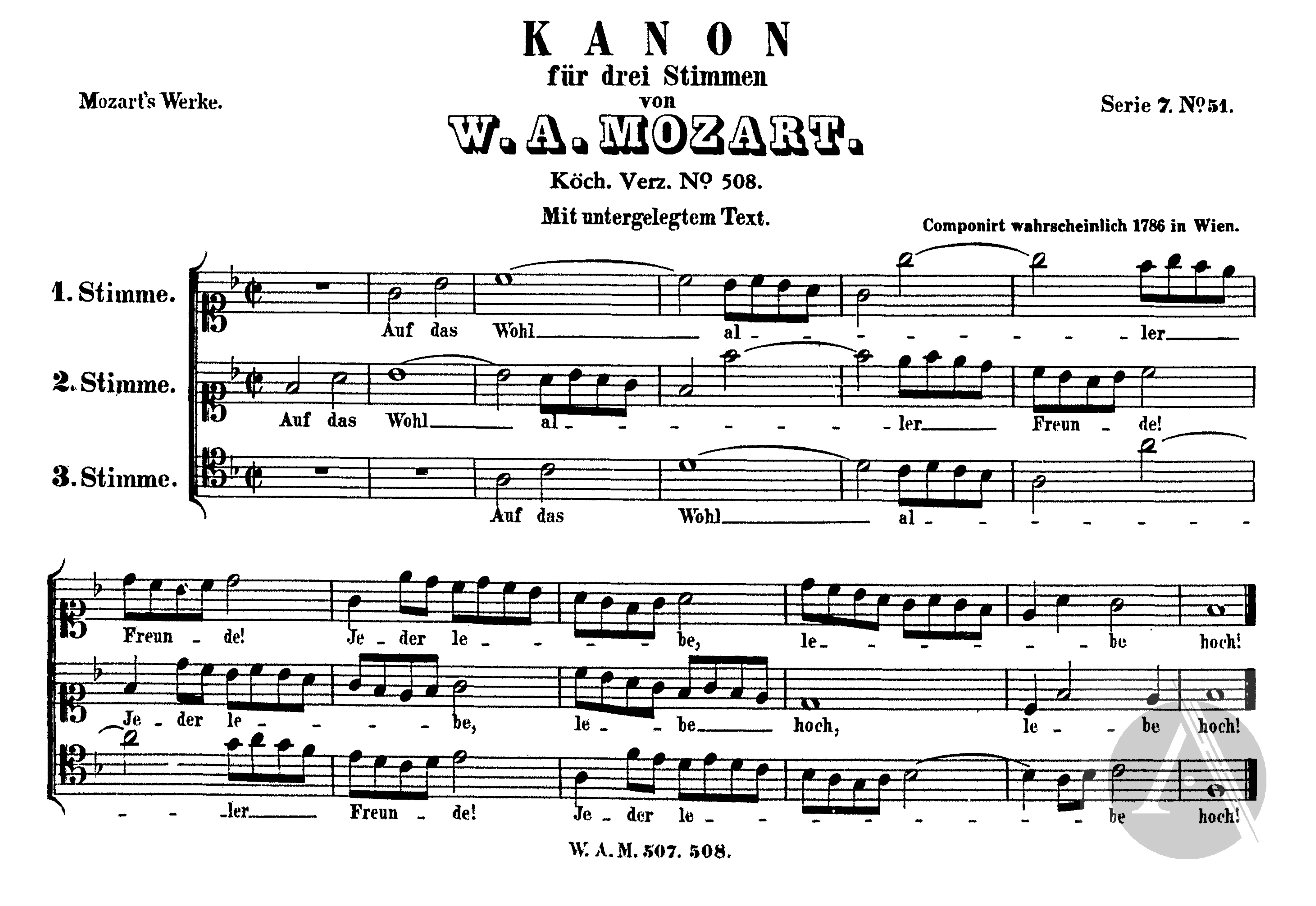 Auf das Wohl aller Freunde, three voice canon in F Major, K508