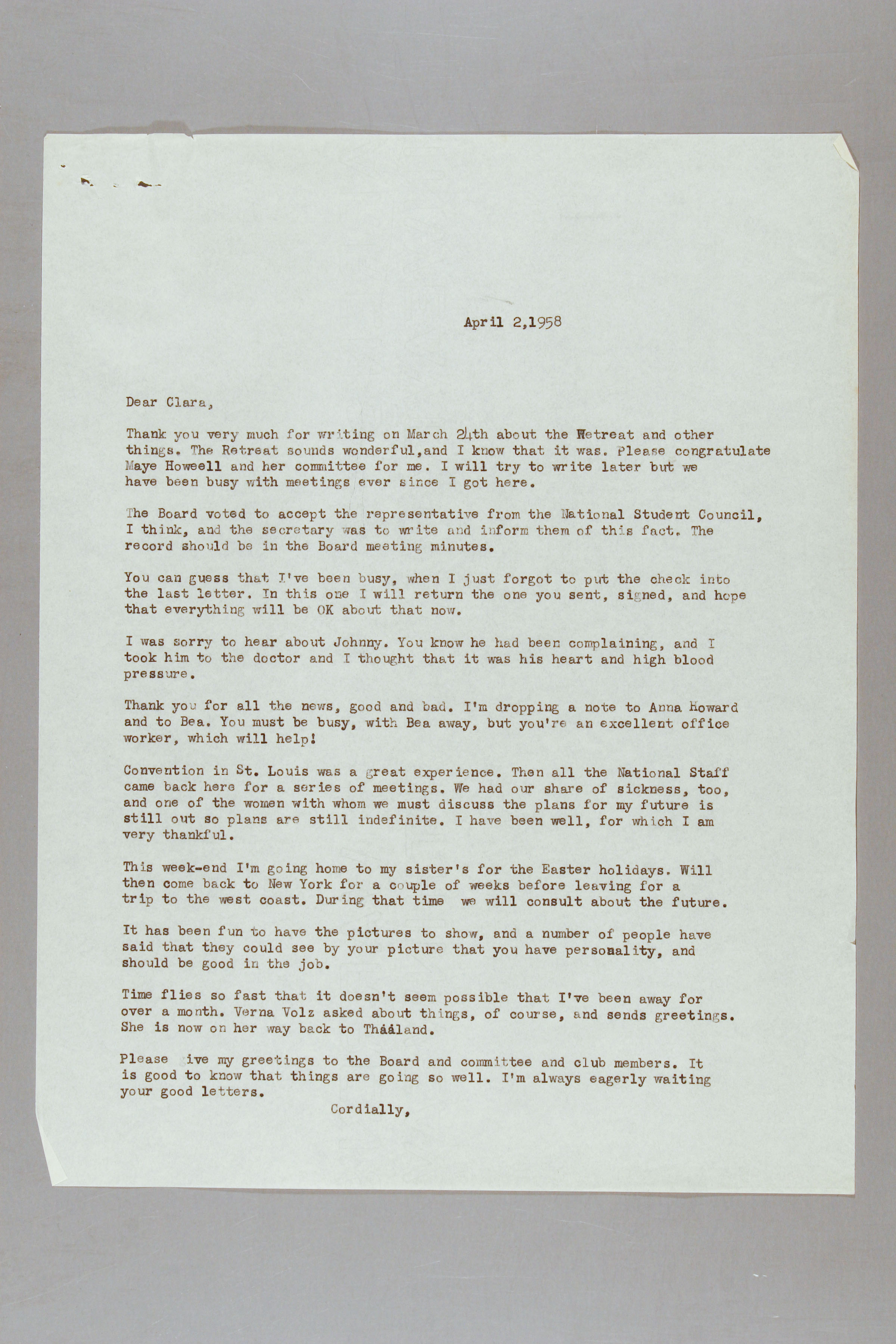 Letter From Ruth Lois Hill To Clara Davies Browne April 2 1958
