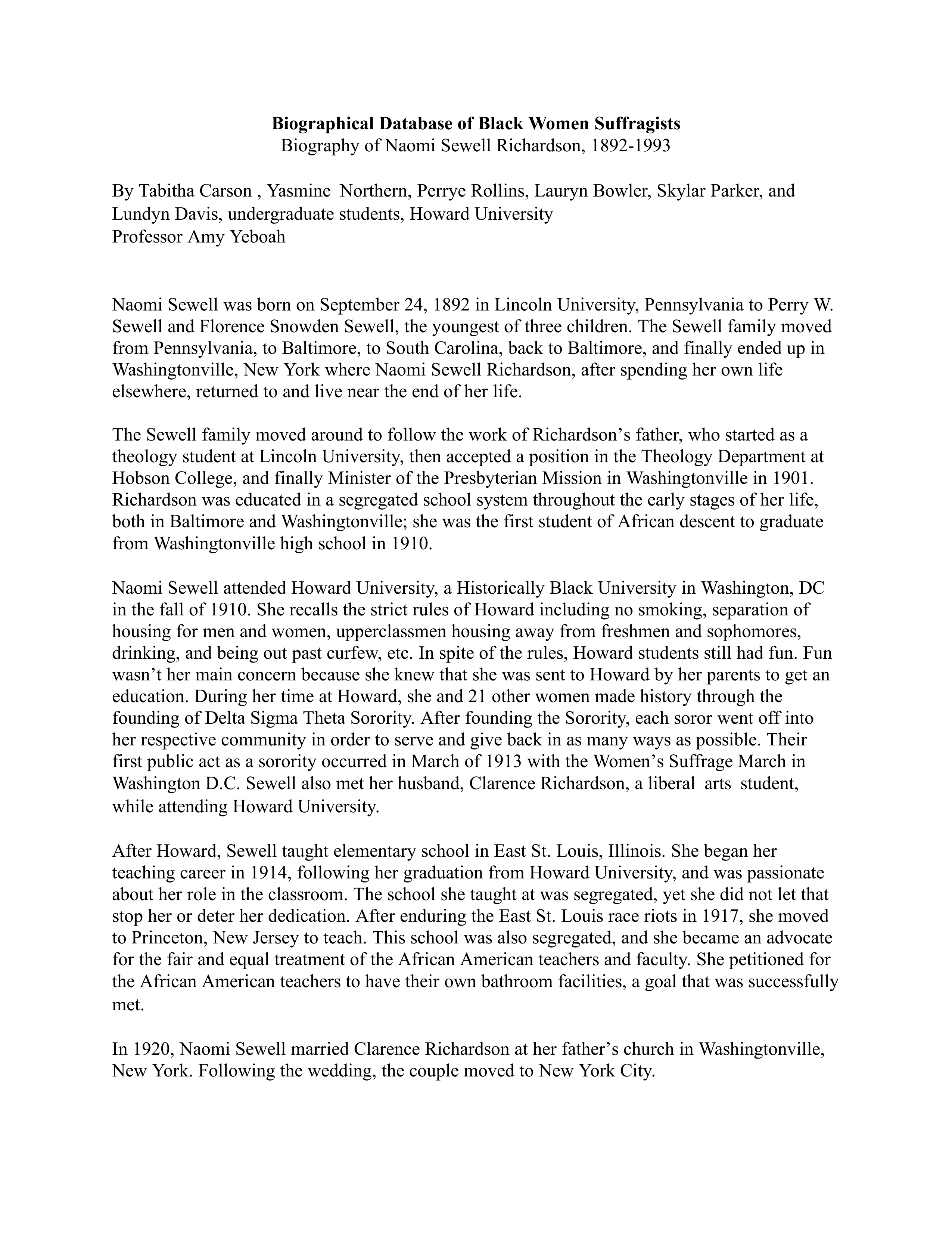 Biographical Sketch Of Naomi Sewell Richardson Alexander