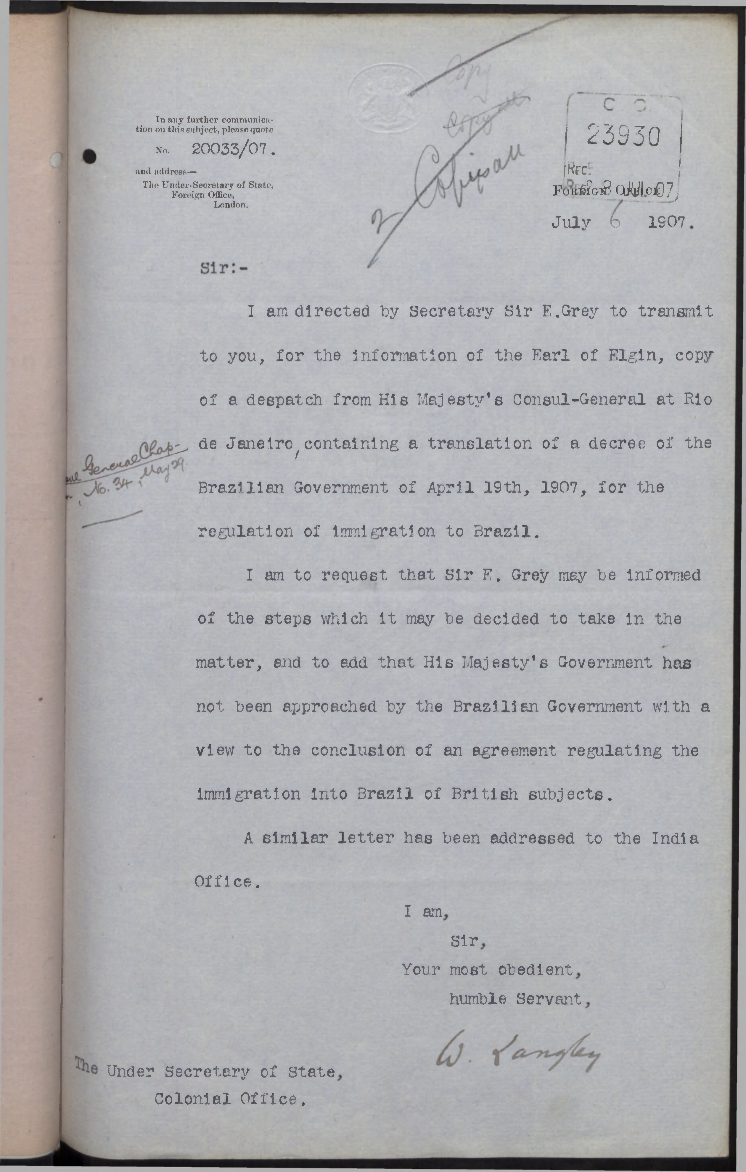 ... 1907 July Letters Immigration of Brazil, Regulation re: to Immigration 1907 Letters July ... of re: to Brazil, Regulation