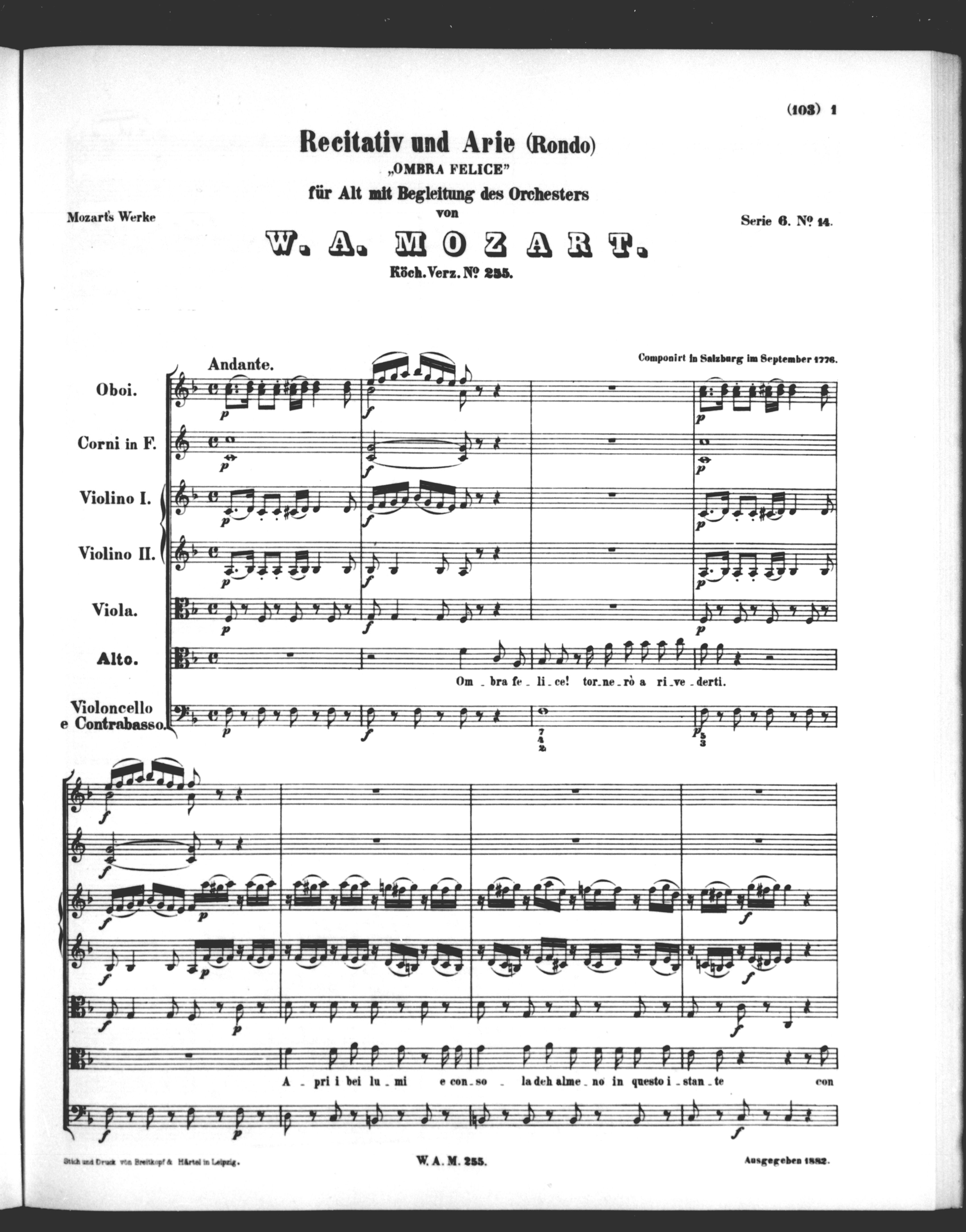 Ombra felice, recitative and Io ti lascio, aria, K255 - Full Score