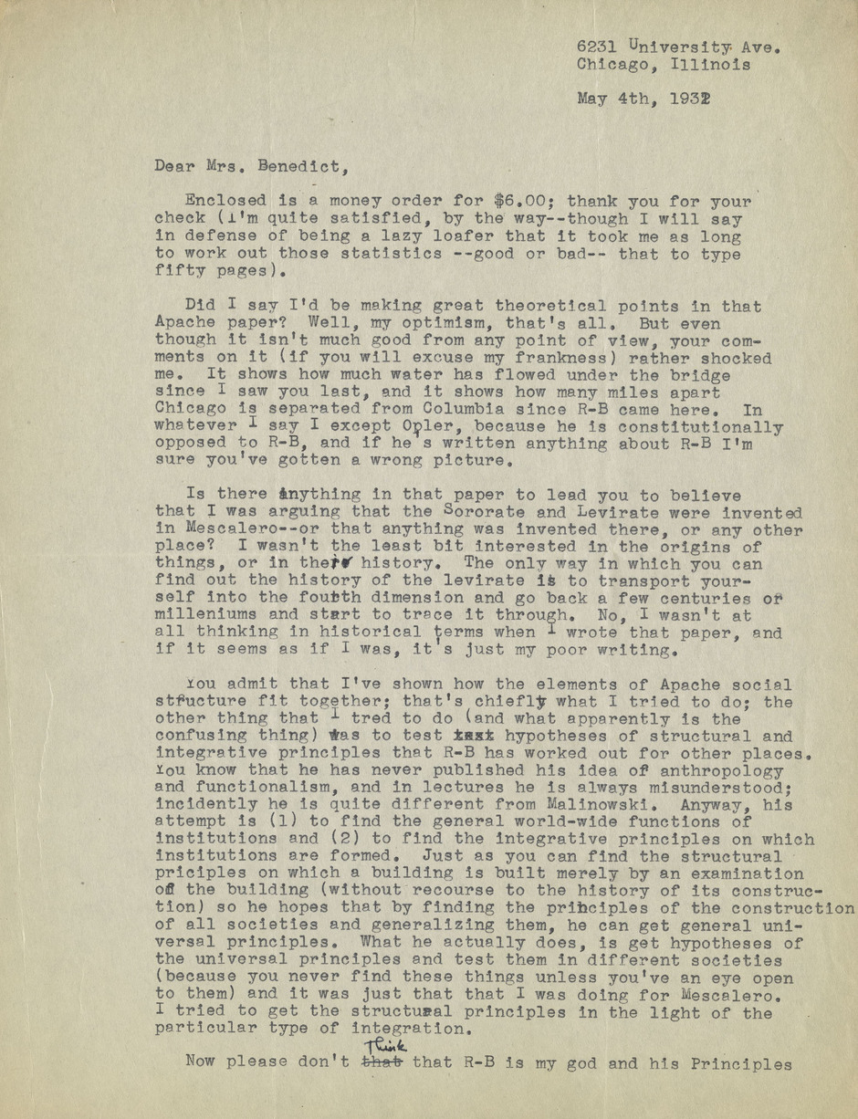 letter from sol tax to ruth benedict may 4 1932 alexander street